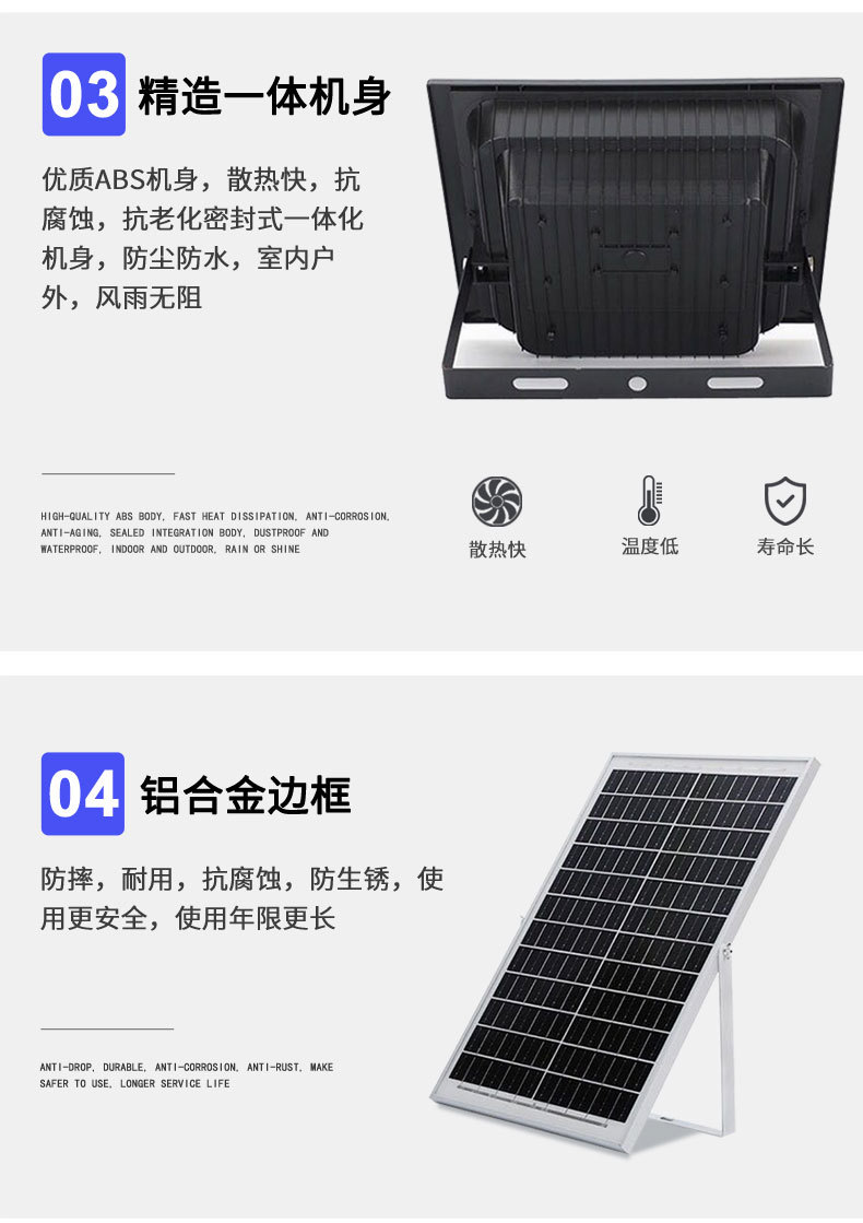 Black solar floodlights for outdoor lighting, with deep blue solar panels and black cables pic 15