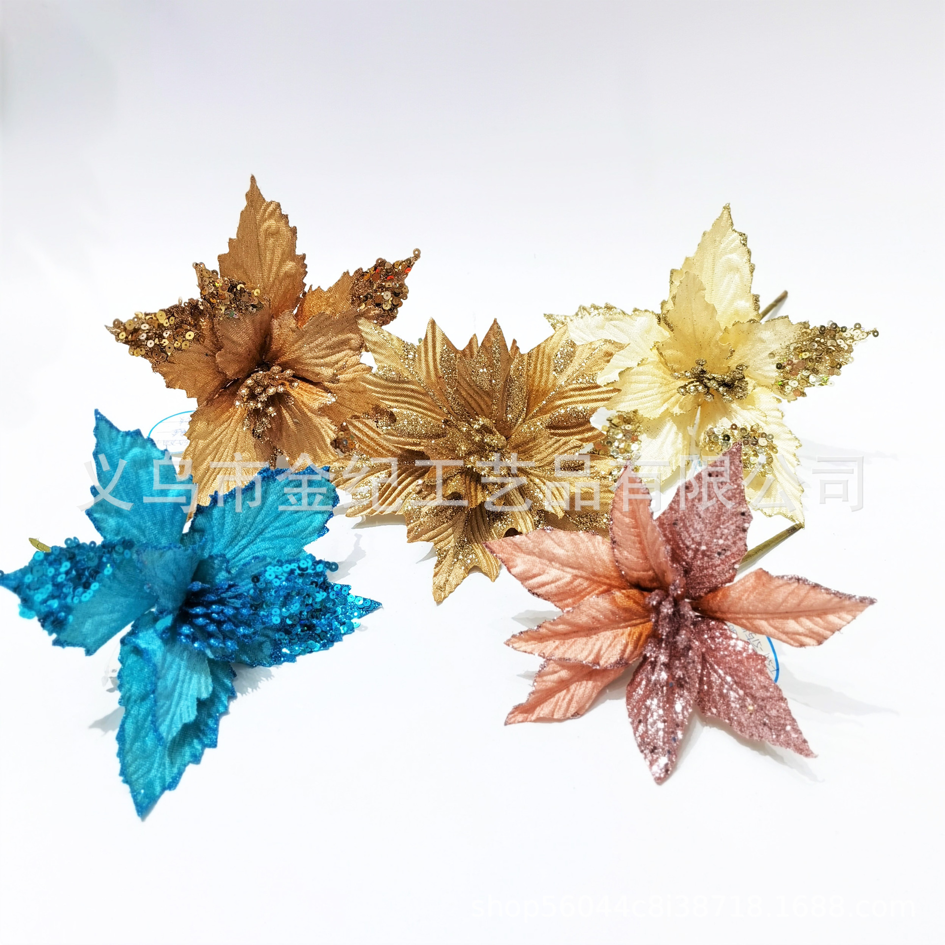 现货一品红金粉花圣诞节日装饰花 环藤条圣诞树装饰品 圣诞场景布置花饰 热销圣诞装饰品详情11