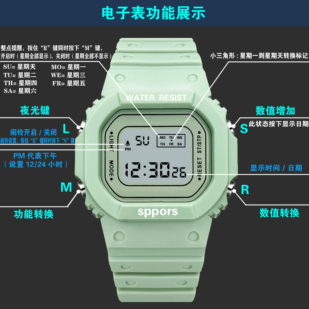 厂家直销韩版潮流ins风独角兽小方块男女学生防水运动电子表详情14