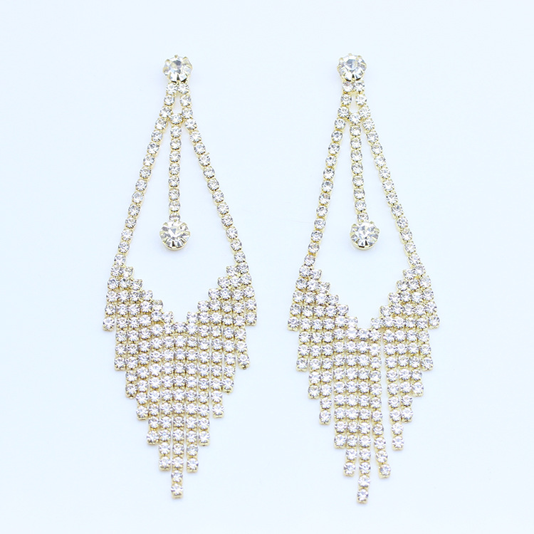 S925银针耳饰欧美时尚镶满钻耳坠简约复古水滴耳钉长款流苏耳环详情21