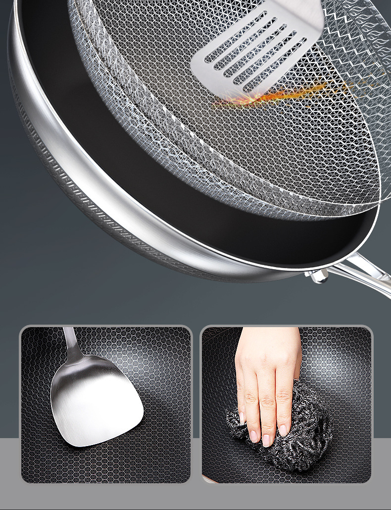 316L不锈钢炒锅双面蜂窝平底锅家用不沾炒菜锅燃气电磁炉通用锅具详情26