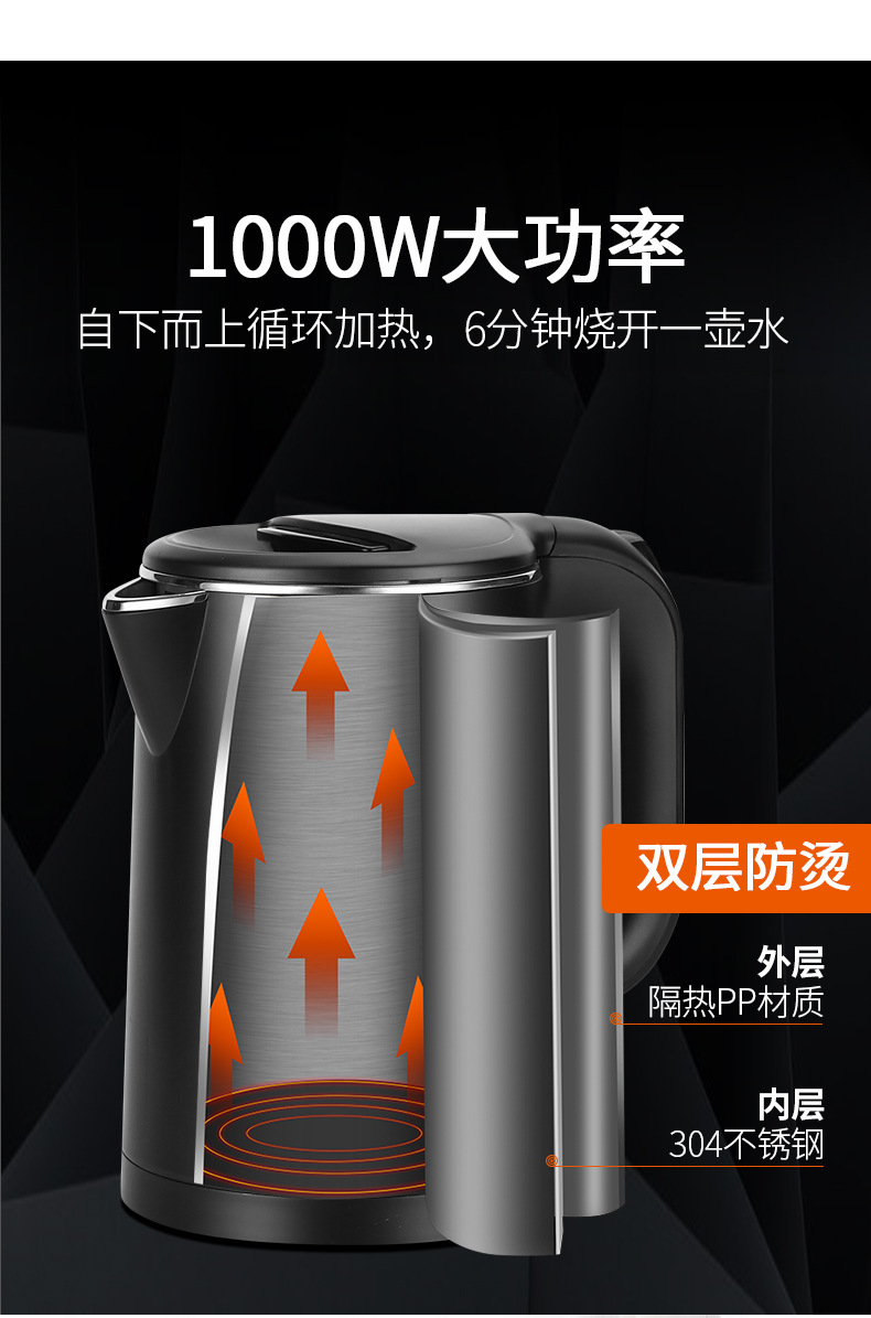 酒店电热壶电热水壶客房0.8L双层电水壶酒店304不锈钢烧水壶定LOG详情8