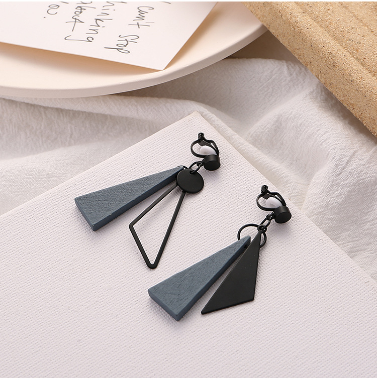 The new Japanese wooden smog blue cold style makes the face slimmer. Asymmetrical black S925 silver needle earrings without ear clips pic 5