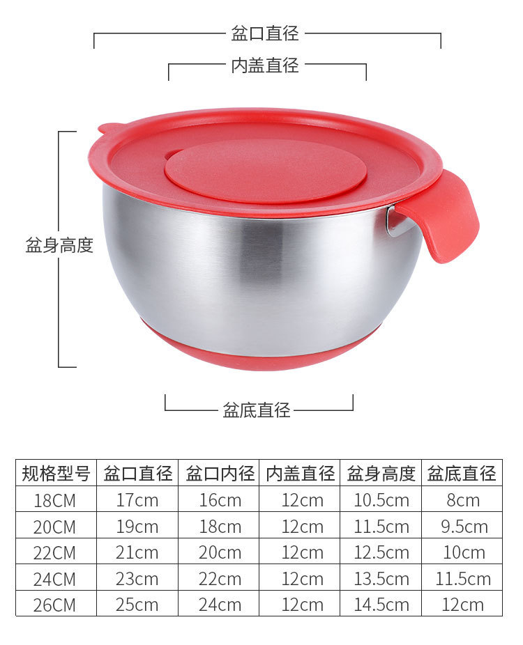 Factory direct sales: 304 stainless steel salad bowl, anti-slip silicone bottom, egg beater bowl, mixing bowl with handle pic 17