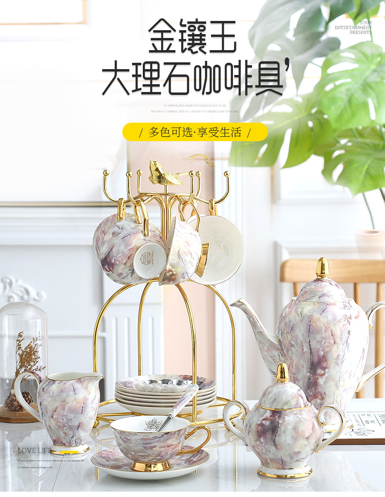 High-quality marble coffee sets, restaurant casual coffee pot sets, European-style high-end gilded bone China coffee cups and saucers pic 1