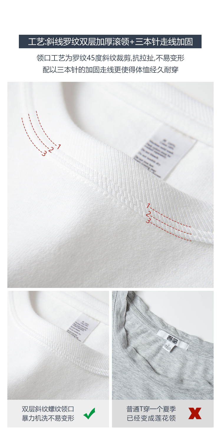 300g three-needle Xinjiang pure cotton heavy weight non-shrinking black and white pure cotton T-shirt for women, brushed breathable short-sleeved for men pic 16