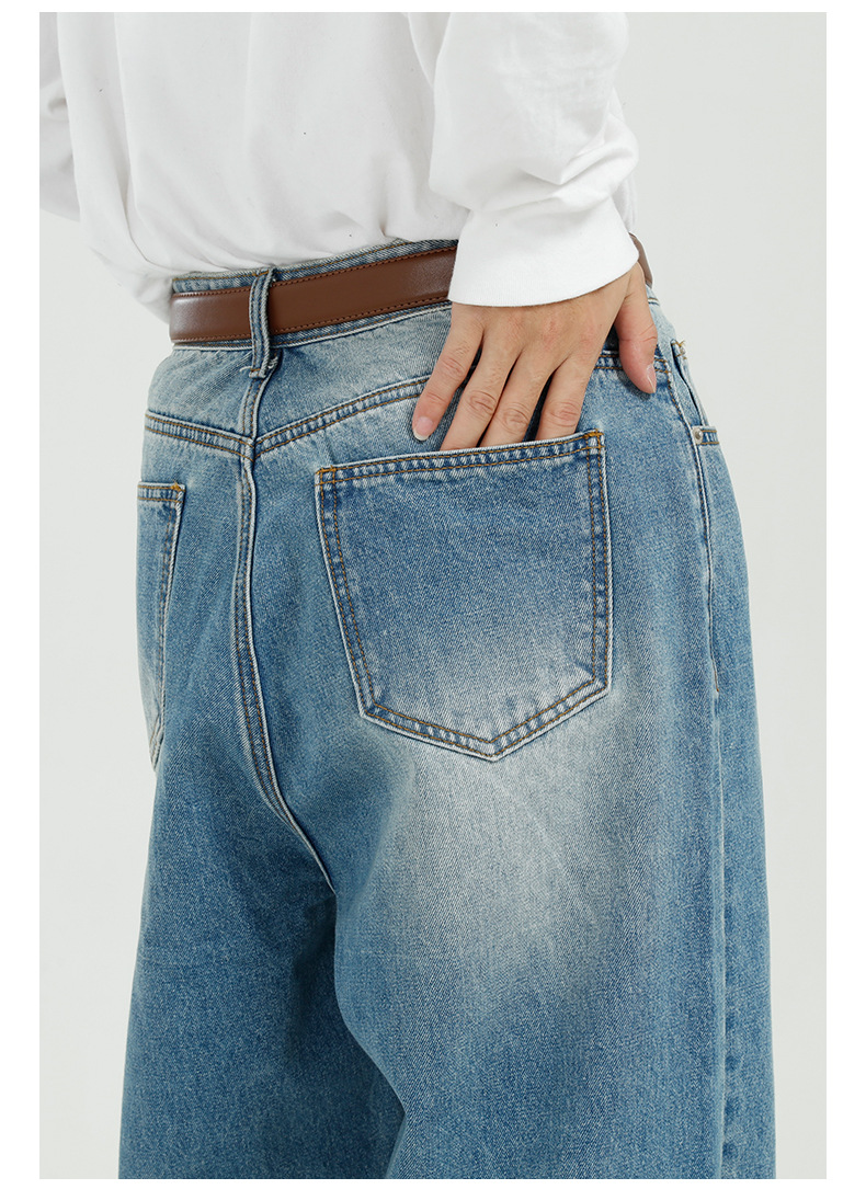 MTLCLOTHES男装|2022新品韩版宽松百搭蓝色直筒阔腿牛仔裤男详情14