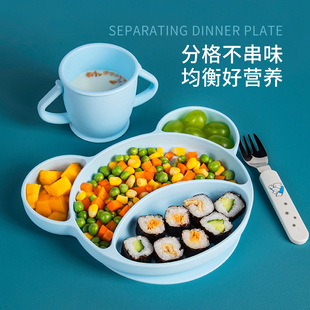 儿童卡通小熊婴儿辅食碗吸盘分格餐盘铂金硅胶喂养餐具热销跨境推荐详情1