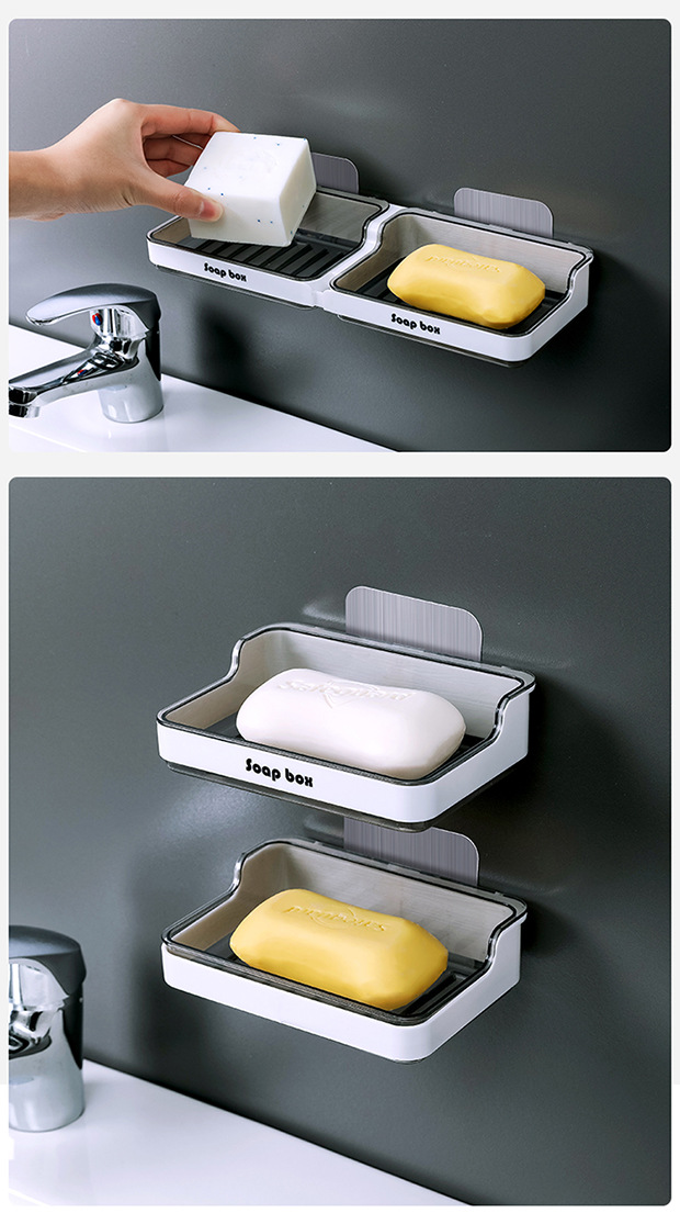 Bathroom wall-mounted suction cup without drilling, double-layer wall, laundry soap box, soap rack, draining, ins style pic 13