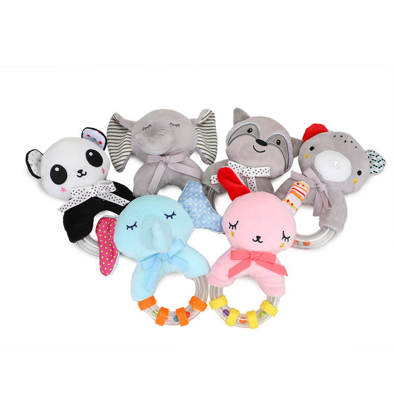 BBSKY baby cartoon animal plush doll, colorful beads, hand-held bed, bell ring, rubber particles, bell ring, round handle pic 12