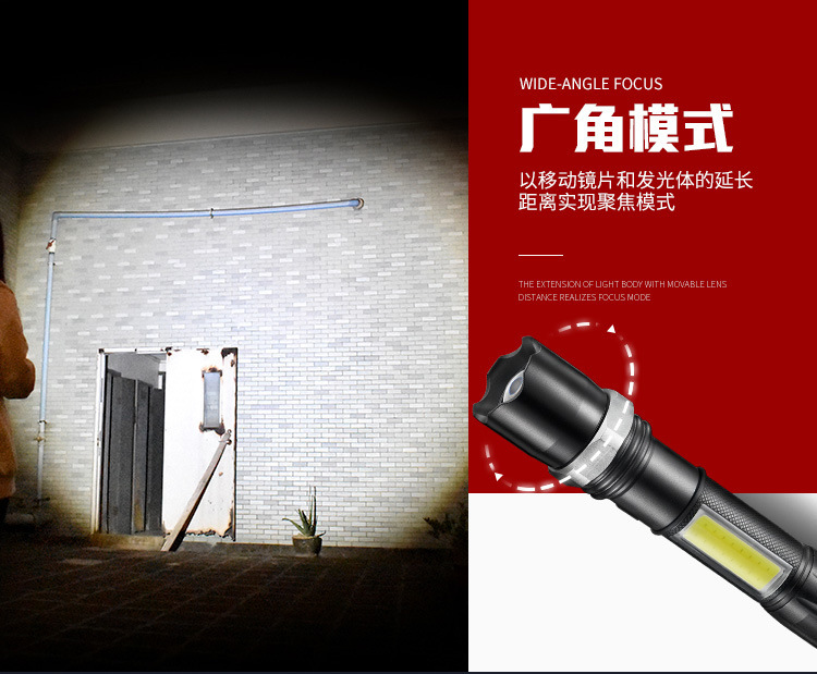 Zoom long-range mini LED aluminum alloy strong light flashlight, USB charging COB work light, cross-border special flashlight pic 10