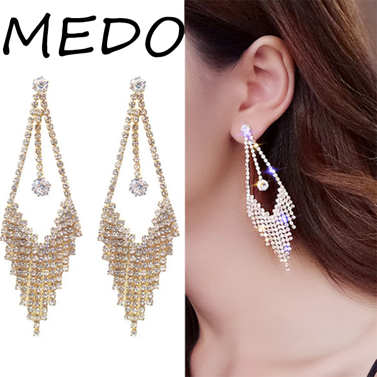 S925银针耳饰欧美时尚镶满钻耳坠简约复古水滴耳钉长款流苏耳环详情16