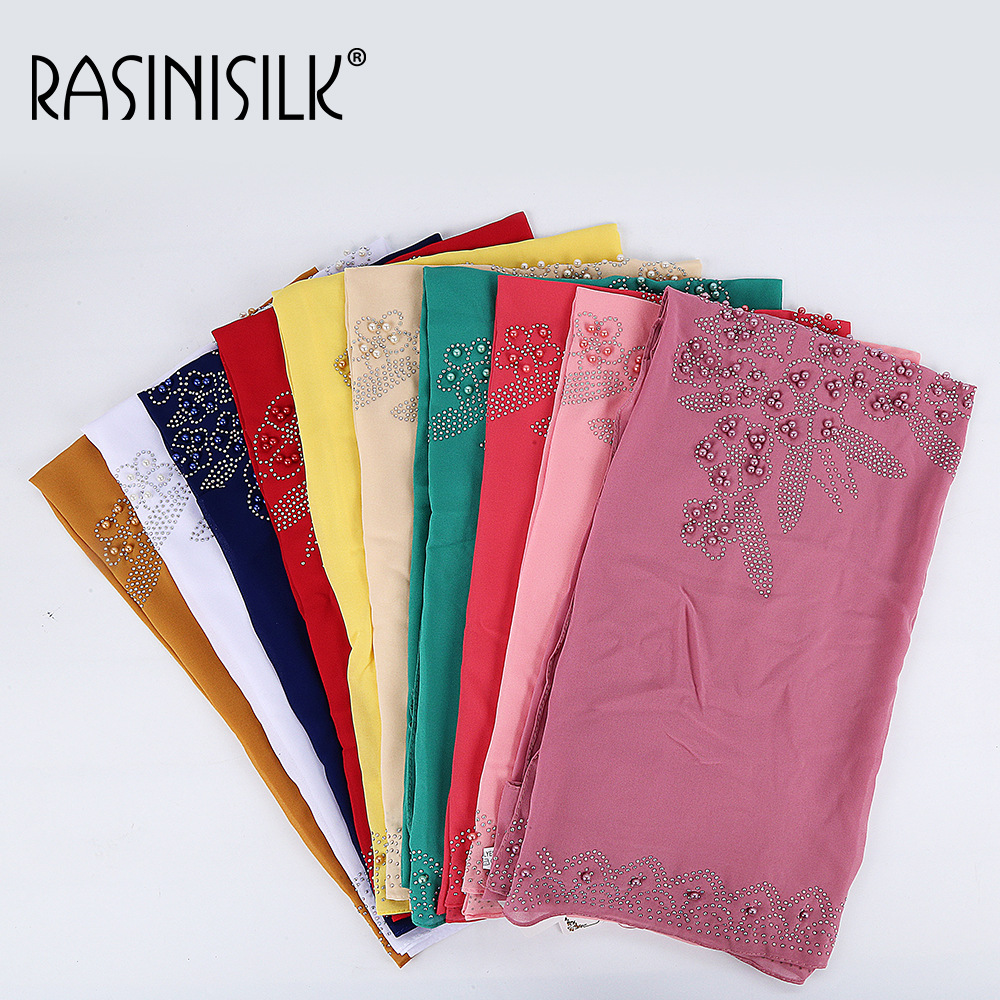 M145厂家烫钻妇女头巾民族风盖头珍珠雪纺围巾流行纱巾素色单色详情1