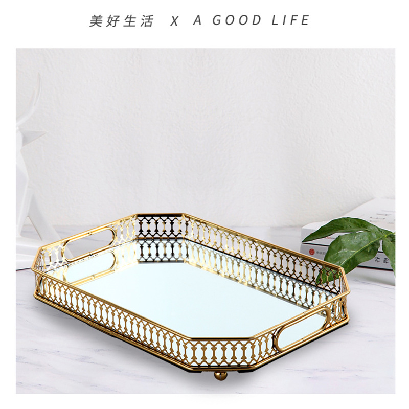 欧式轻奢镜面玻璃金属托盘客厅茶几玄关收纳盘水杯茶盘摆件装饰品详情3