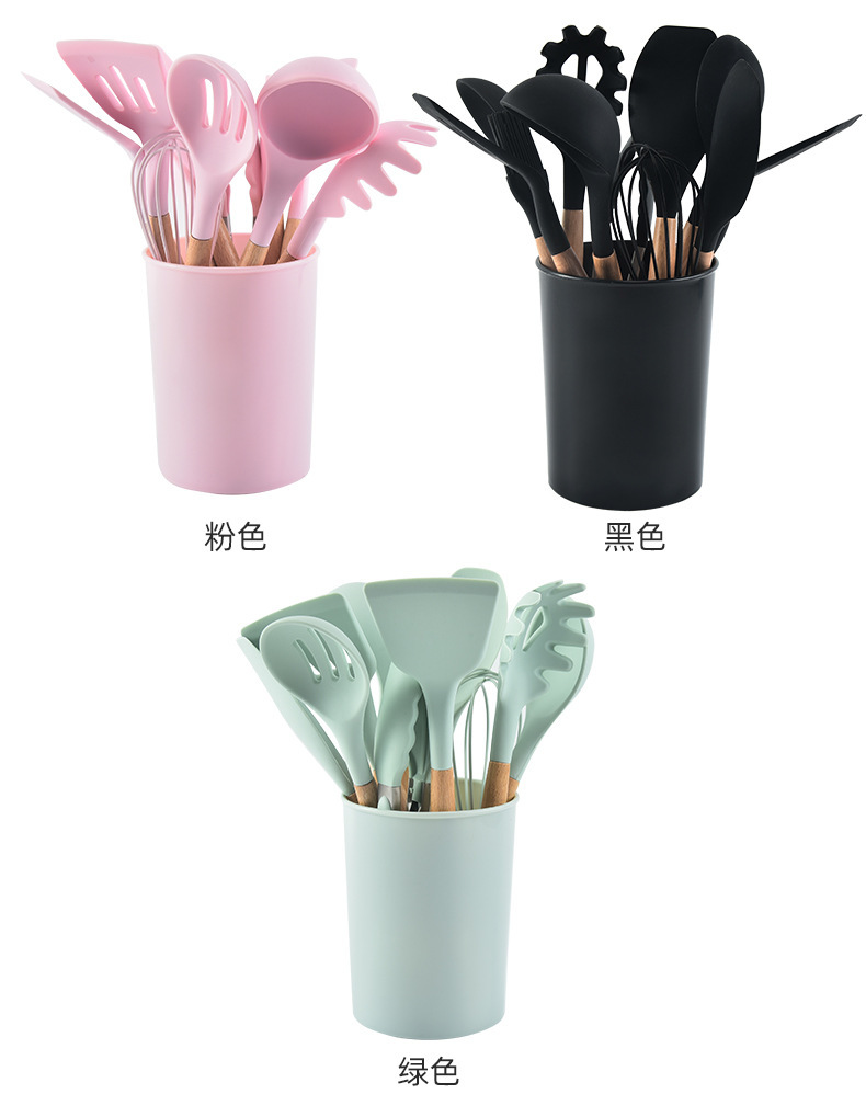 亚马逊烹饪不粘锅收纳桶木柄硅胶厨具12件套硅胶厨房用具铲勺套装详情5