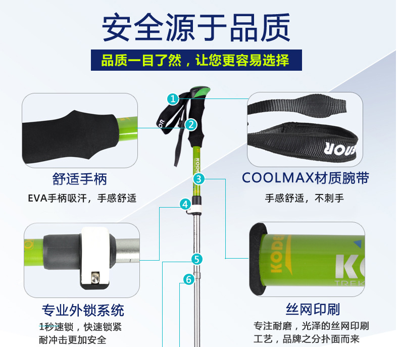 科德诺户外自由光2系铝合金5节折叠登山杖外锁短轻便伸缩健走手杖详情5