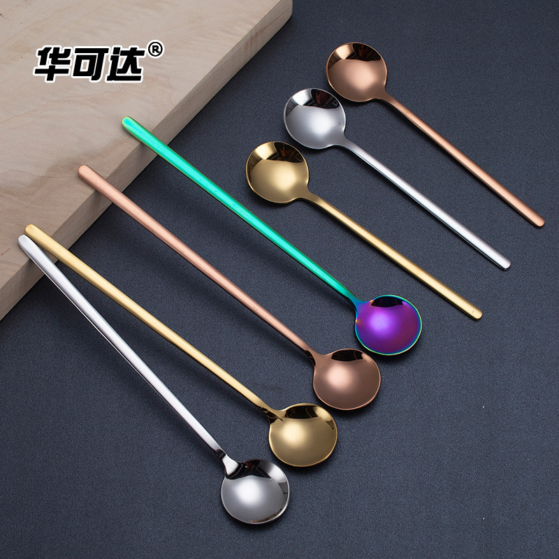 304不锈钢勺子高颜值家用咖啡勺长柄搅拌勺蛋糕甜品勺镀色冰勺详情11