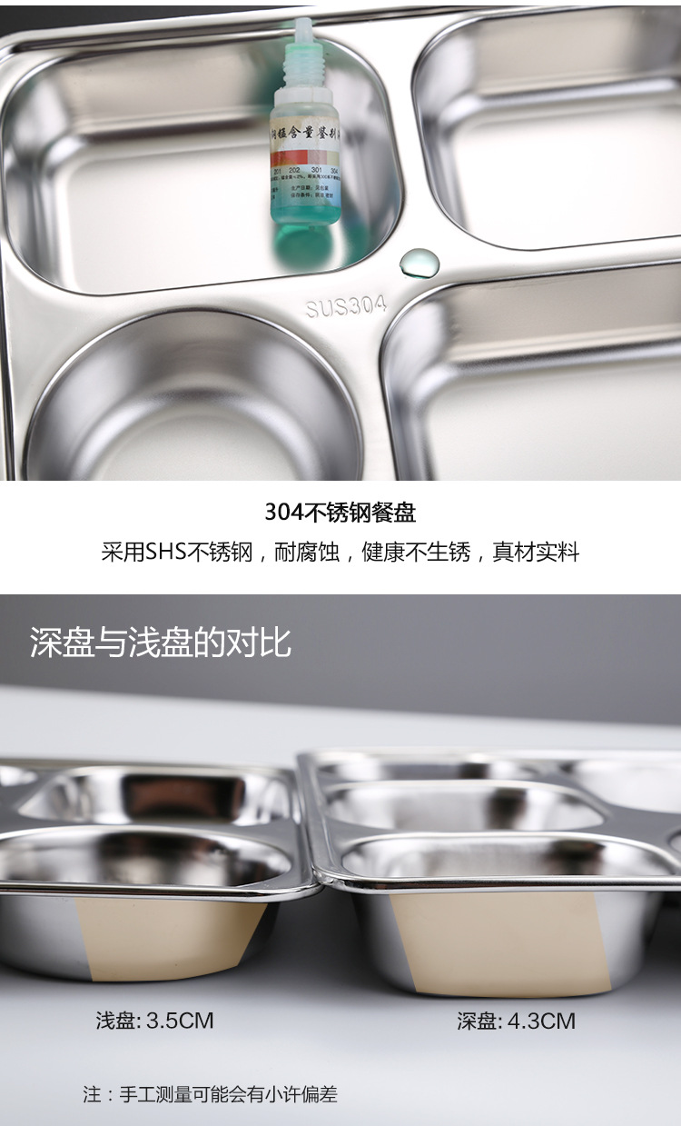 304 stainless steel fast food plate, square, deepened and thickened, compartmented bento box, student cafeteria lunch plate pic 4