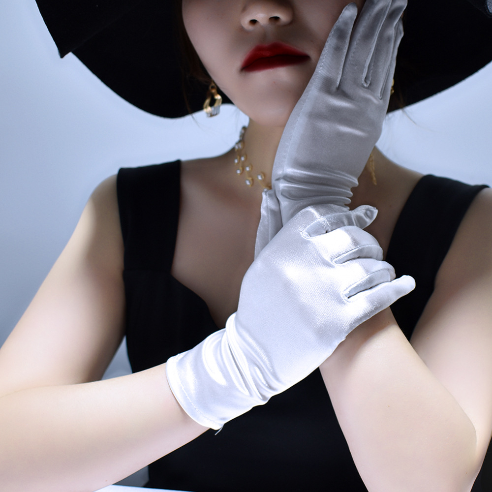 短款缎面晚礼服礼仪手套 亮光莱卡舞会表演手套 弹力色丁婚纱手套详情6