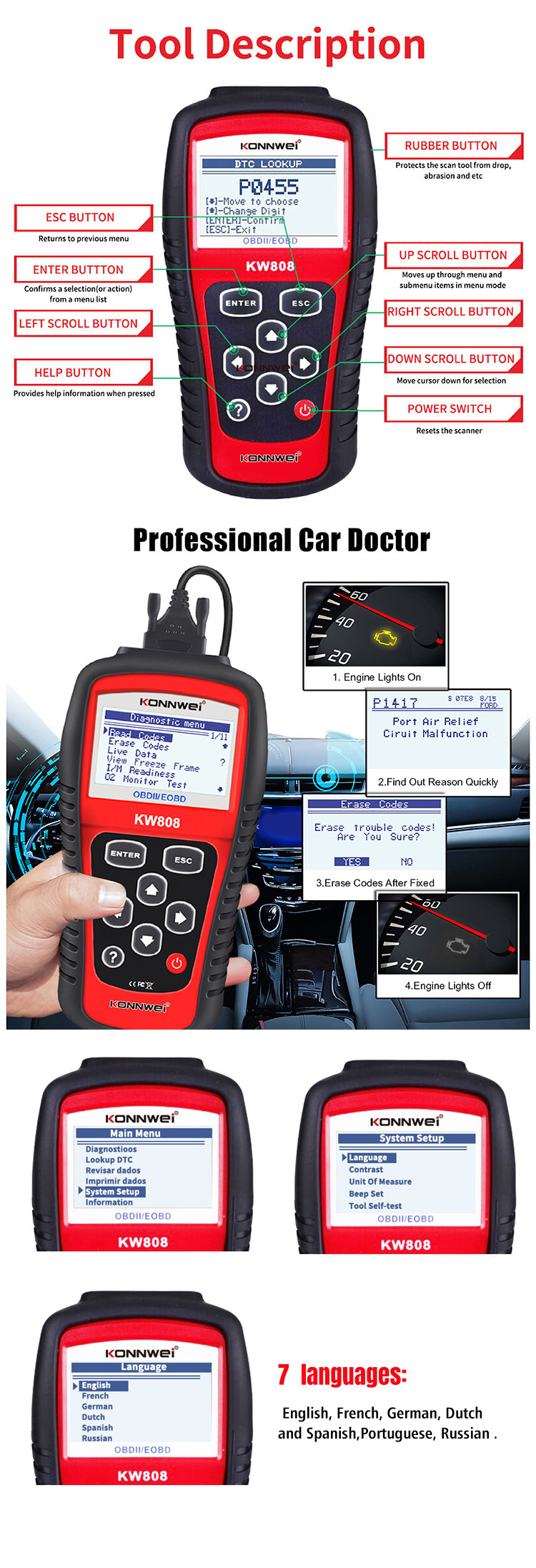 The same model as MS509, KW808OBD2 EOBD SCANNER TOOL automotive fault scanner diagnostic instrument pic 2