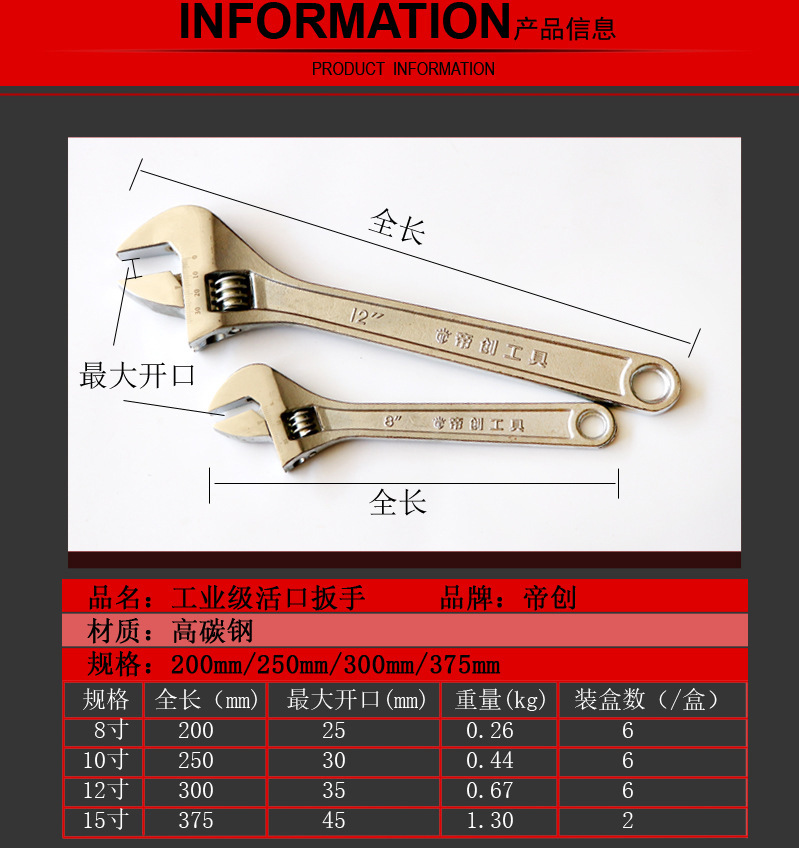 帝创牌活扳手锻打手动快速活口扳手12寸活动开口可调节五金工具详情12