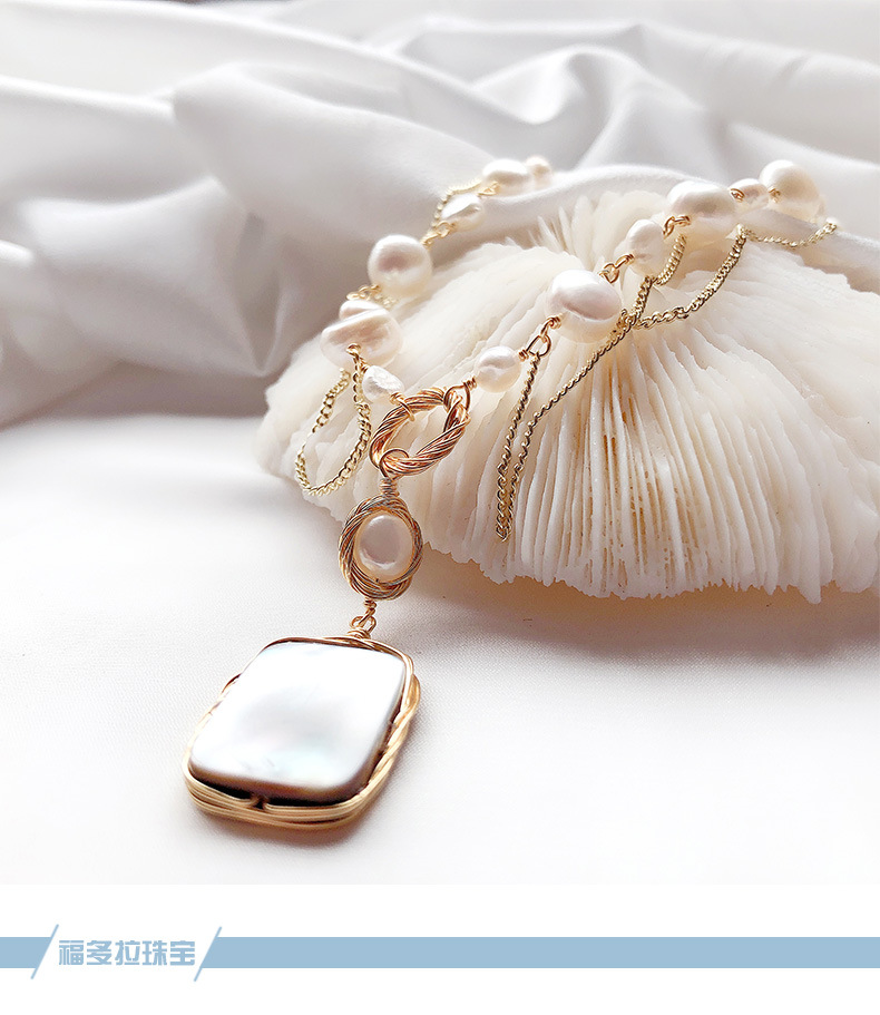 14k金手工制作珍珠项链吊坠锁骨链气质时尚个性手工穿珍珠毛衣链详情1