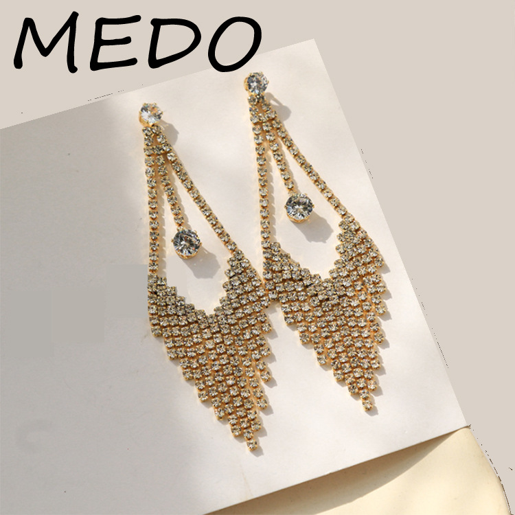 S925银针耳饰欧美时尚镶满钻耳坠简约复古水滴耳钉长款流苏耳环详情17