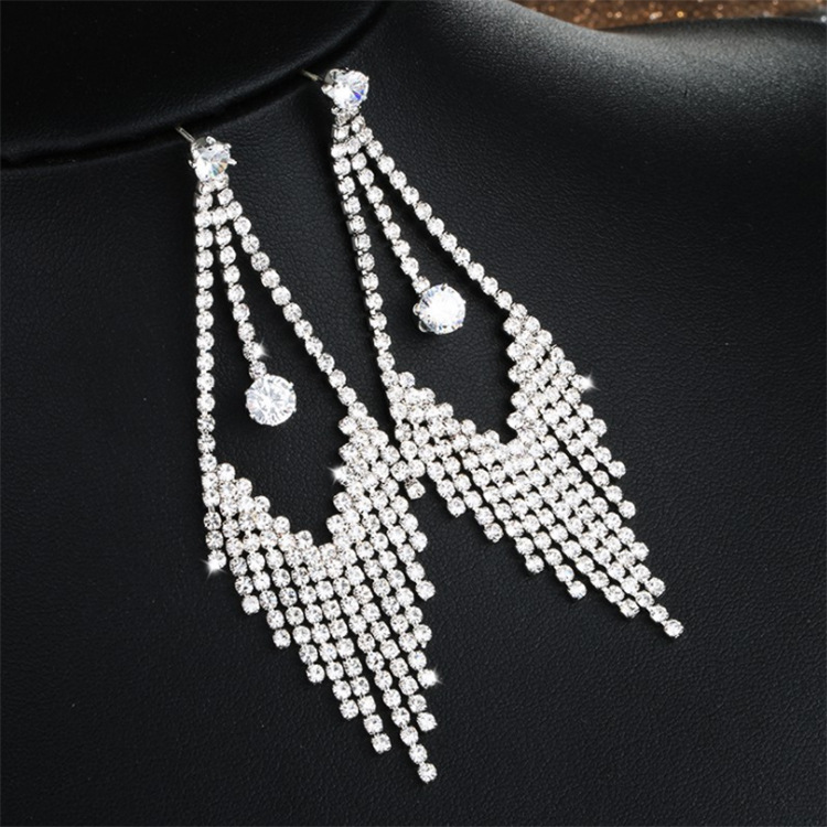 S925银针耳饰欧美时尚镶满钻耳坠简约复古水滴耳钉长款流苏耳环详情18