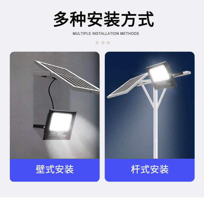 Black solar floodlights for outdoor lighting, with deep blue solar panels and black cables pic 4