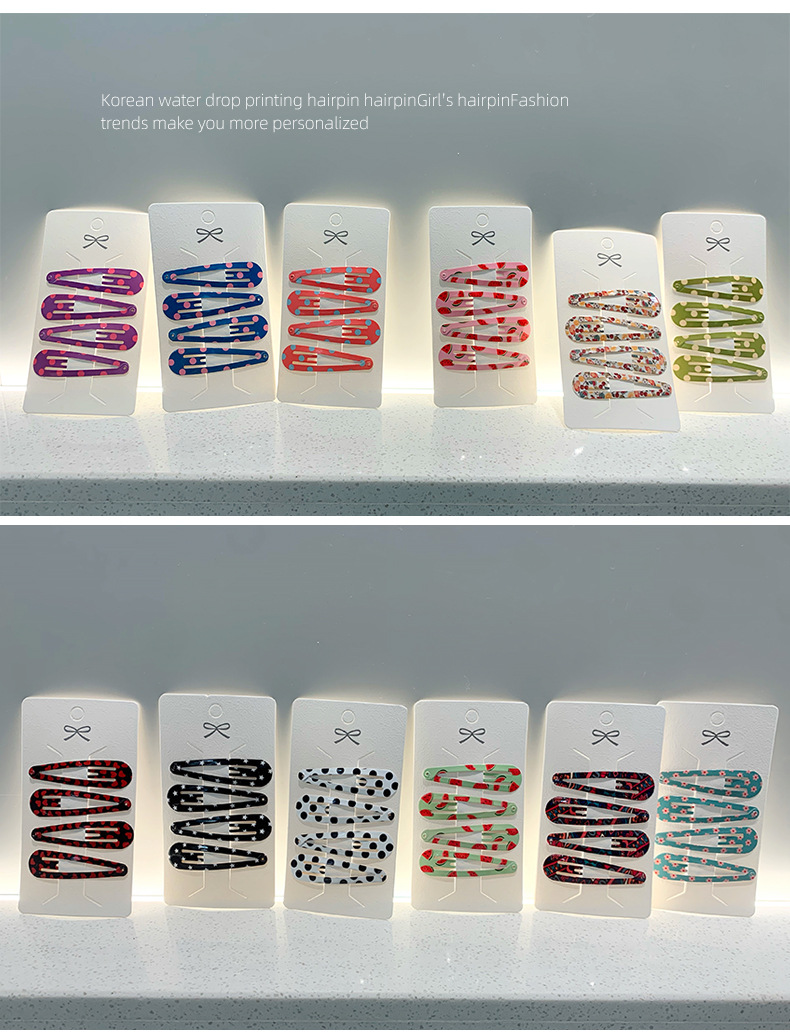 6cm high-quality baked paint printed water drop clip for girls, ins polka dot check leopard print bb clip, hair accessory edge clip pic 2
