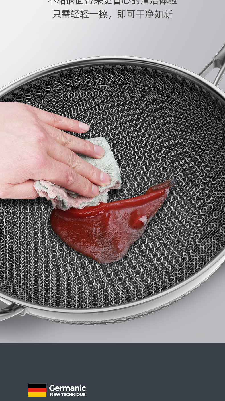 316L不锈钢炒锅双面蜂窝平底锅家用不沾炒菜锅燃气电磁炉通用锅具详情15