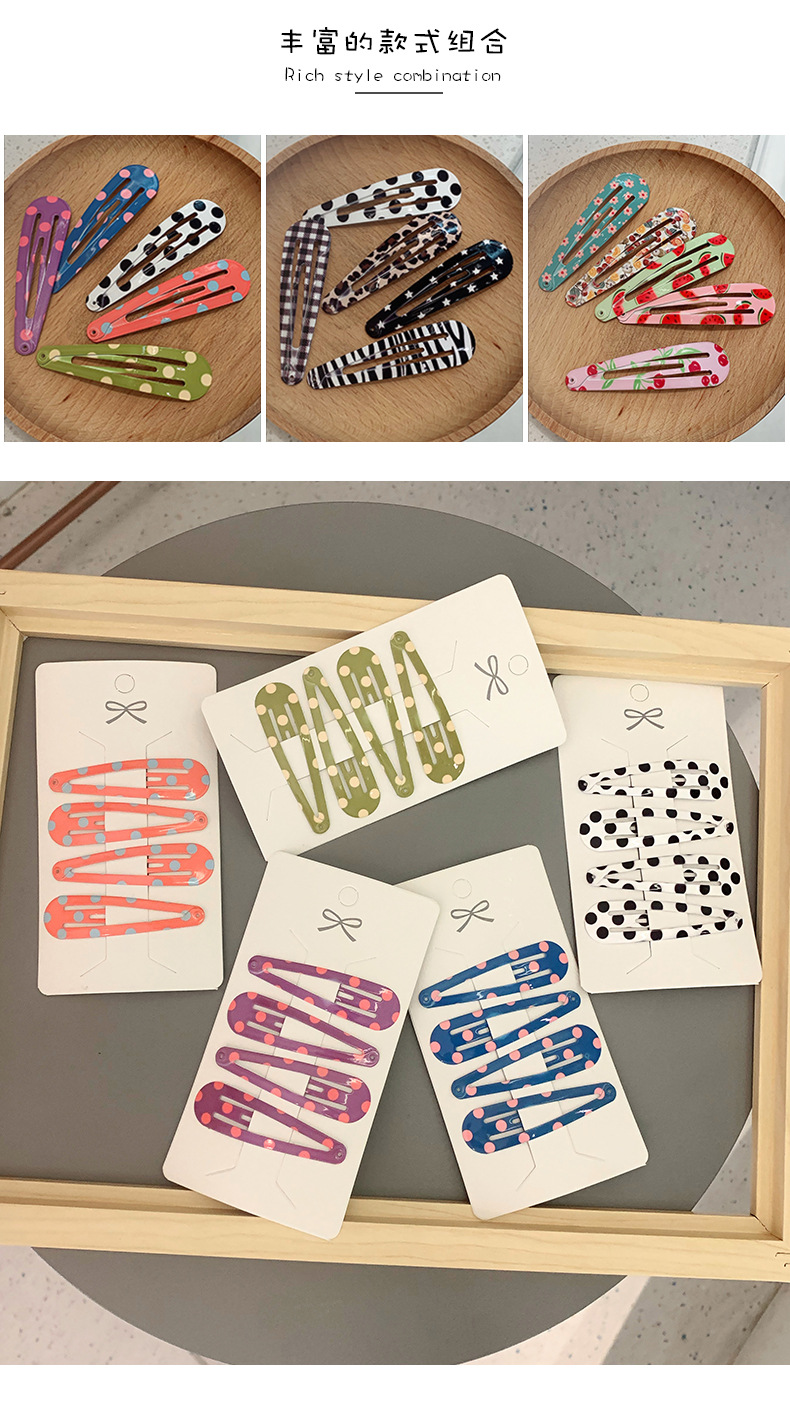 6cm high-quality baked paint printed water drop clip for girls, ins polka dot check leopard print bb clip, hair accessory edge clip pic 8