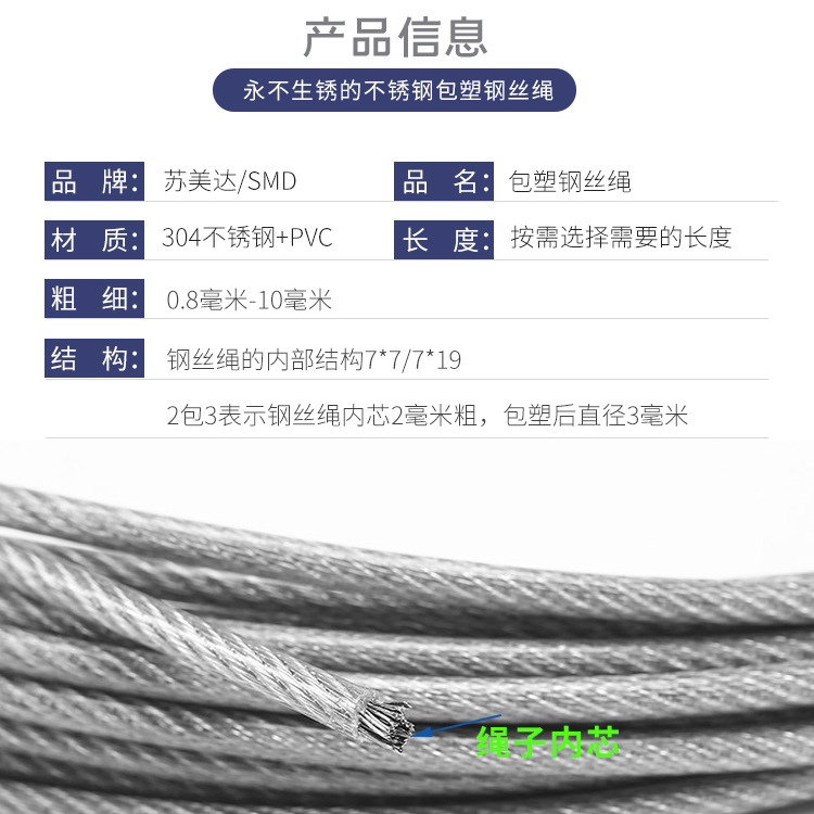304不锈钢包塑钢丝绳包胶涂塑绳晾衣葡萄架绳0.8/1mm1.5mm2mm3mm详情3