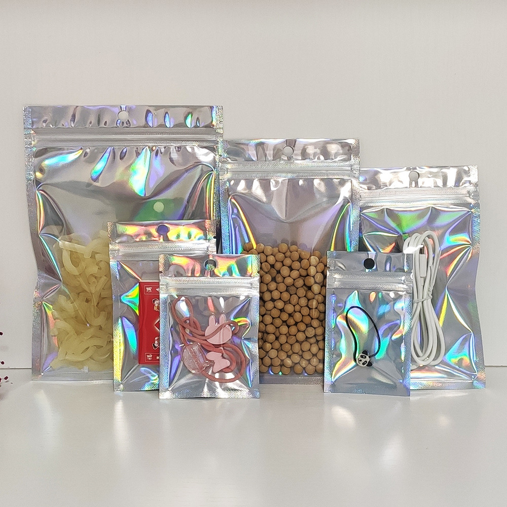 In-stock round-hole hanging hole laser rainbow film aluminum-coated yin-yang self-sealing bags, aluminum foil electronic product packaging zipper bags pic 1