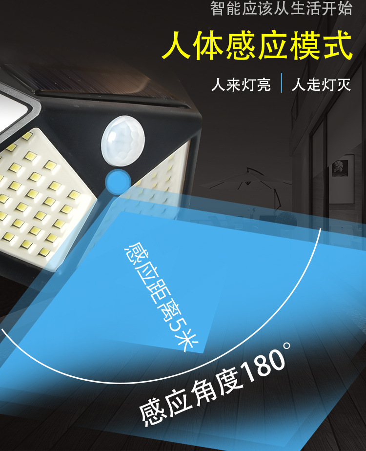 100LED太阳能灯人体感应灯壁灯户外防水花园庭院灯墙壁灯照明路灯详情10