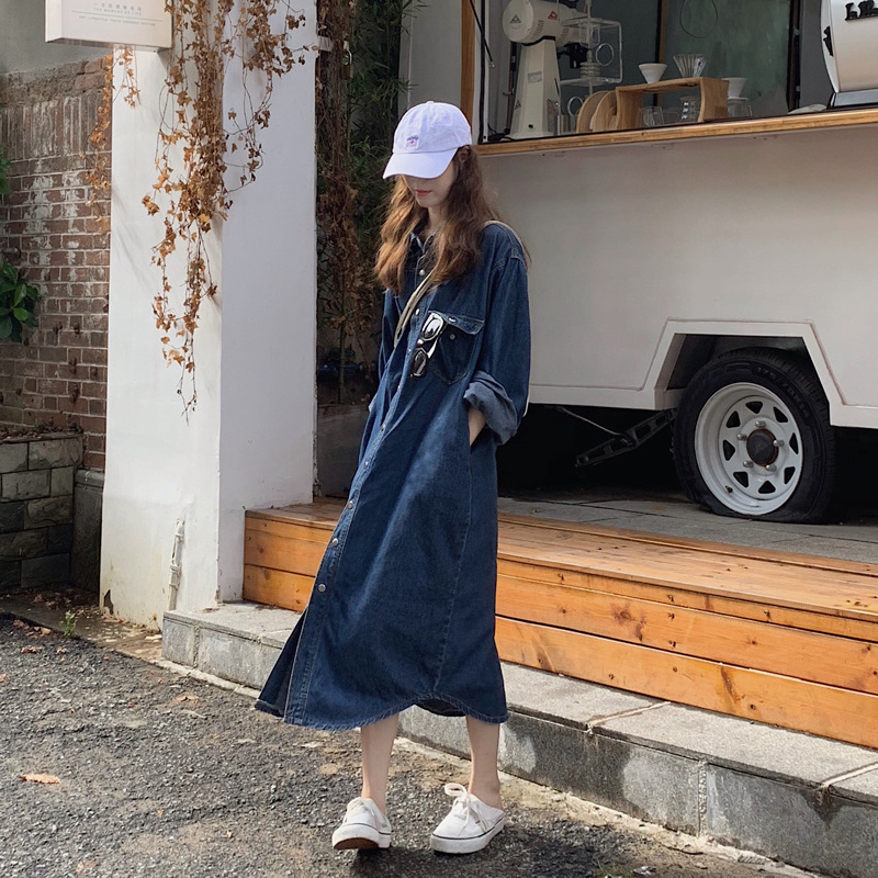 Real photos of homemade long-sleeved denim dress with a design sense, a Korean version slimming dress for women in stock pic 18