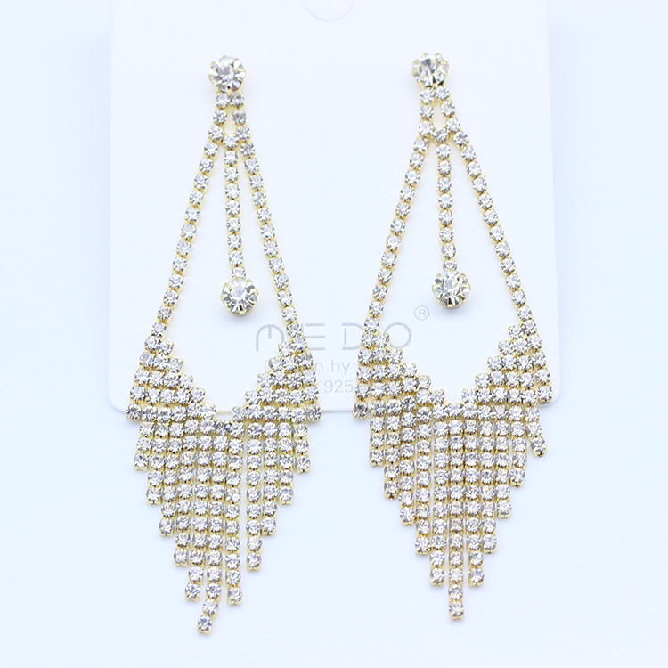 S925银针耳饰欧美时尚镶满钻耳坠简约复古水滴耳钉长款流苏耳环详情19