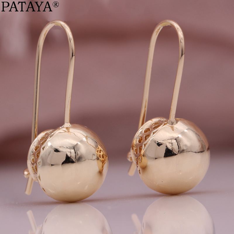 PATAYA时尚创意夸张饰品玫瑰金光面球形镂空耳坠厂家直供批发详情12