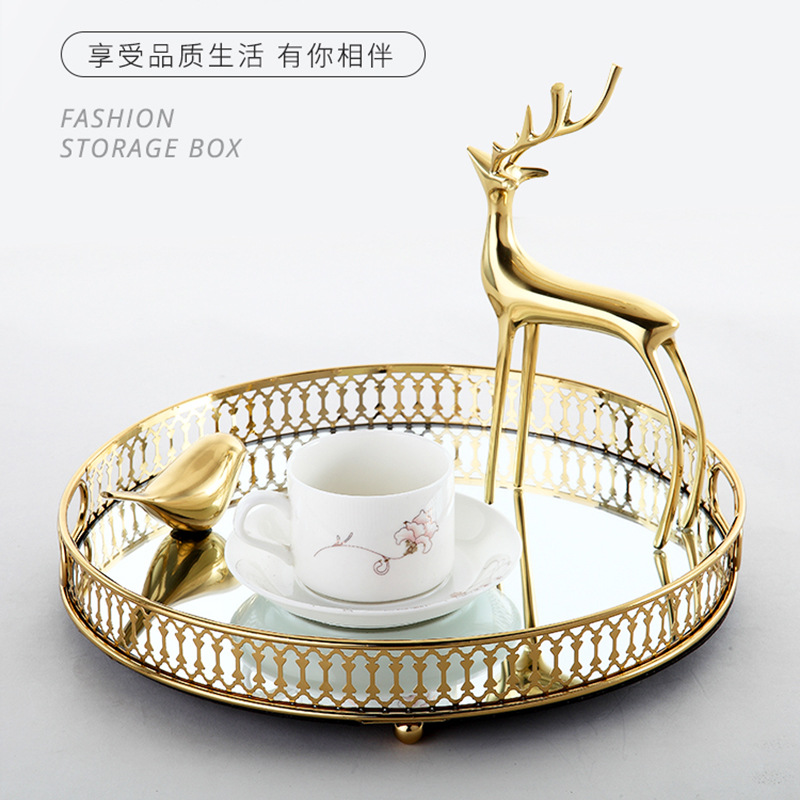 欧式轻奢镜面玻璃金属托盘客厅茶几玄关收纳盘水杯茶盘摆件装饰品详情5