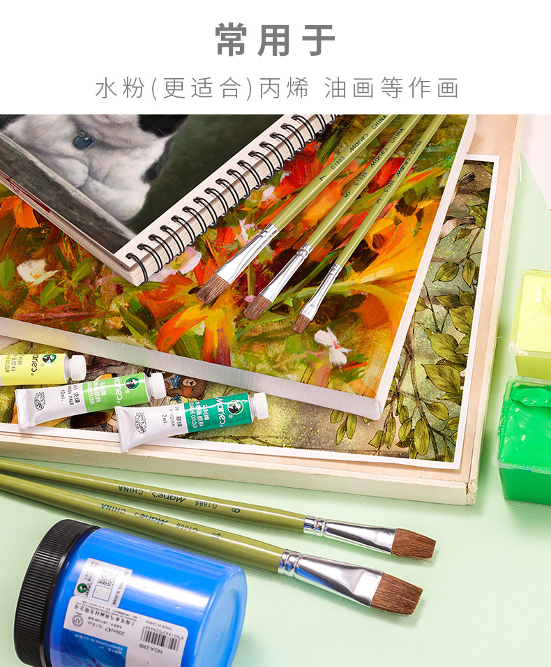 Marley G1865 pelo de caballo de cabeza plana 5 PCS kit de tiza de agua para estudiantes principiantes con acrílico pintura al óleo pincel de acuarela pic 8