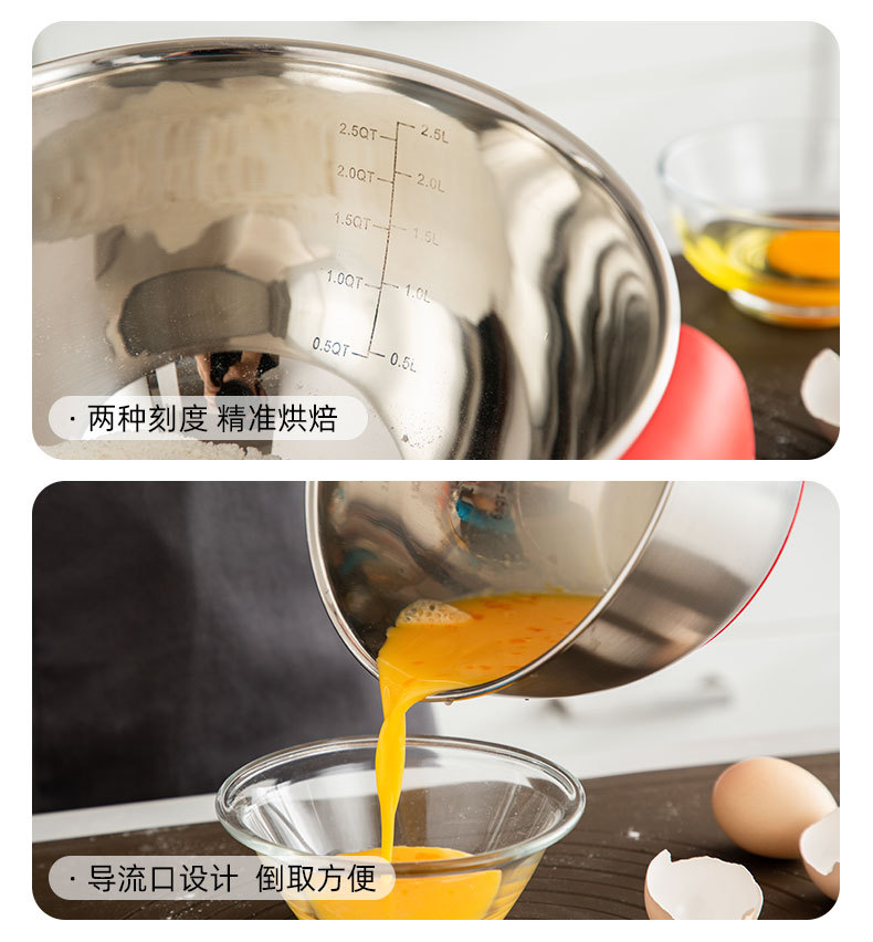 Factory direct sales: 304 stainless steel salad bowl, anti-slip silicone bottom, egg beater bowl, mixing bowl with handle pic 19