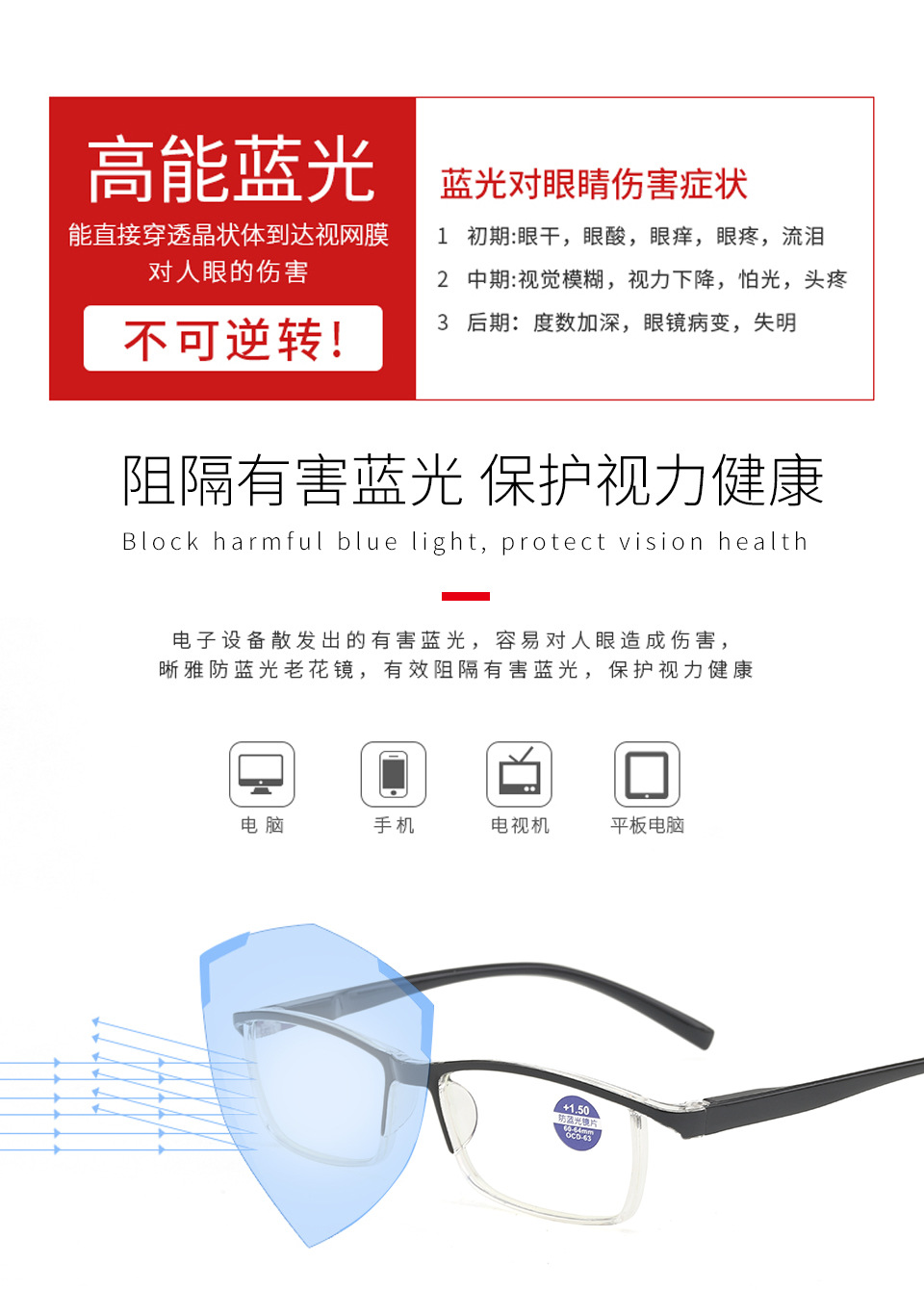 弹簧腿仿无框眉毛一体老花眼镜跑江湖老花镜批发厂家老花镜防蓝光详情3