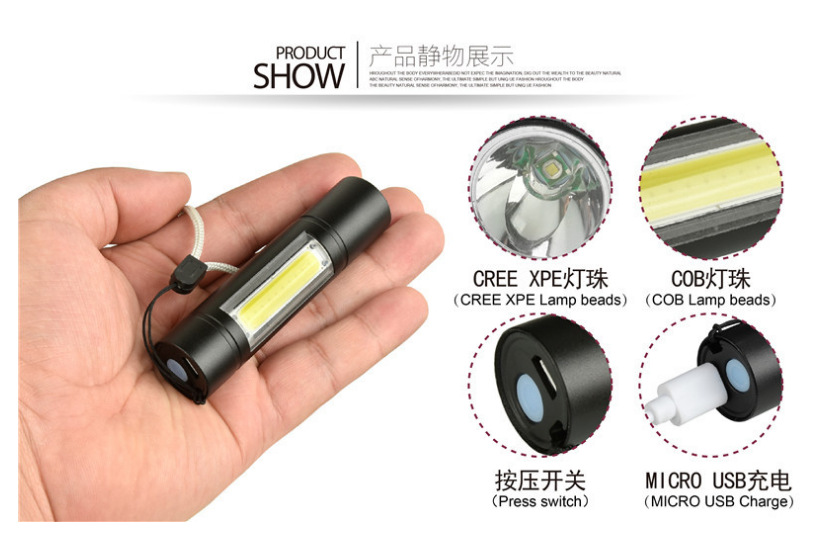 Mini flashlight with telescopic focusing, COB side light, LED high-intensity flashlight, outdoor emergency aluminum alloy flashlight pic 1