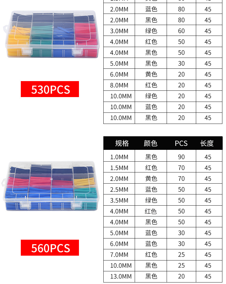 Производитель 530pcs с термоизоляционной коробкой для цветных электропроводов с низким давлением тепловой изоляционной трубкой ebay pic 7