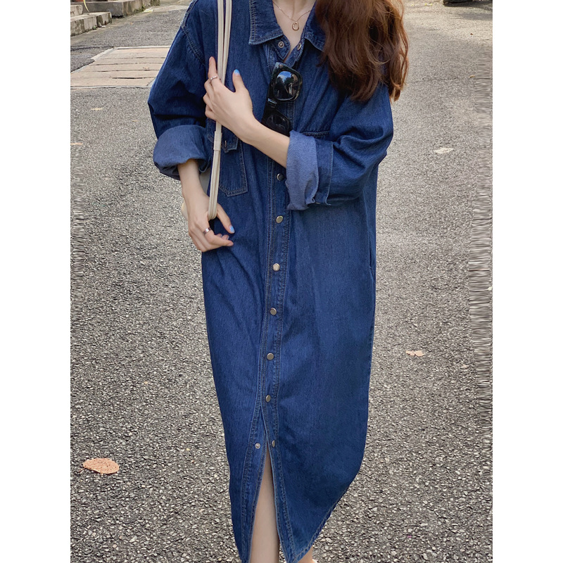 Real photos of homemade long-sleeved denim dress with a design sense, a Korean version slimming dress for women in stock pic 20