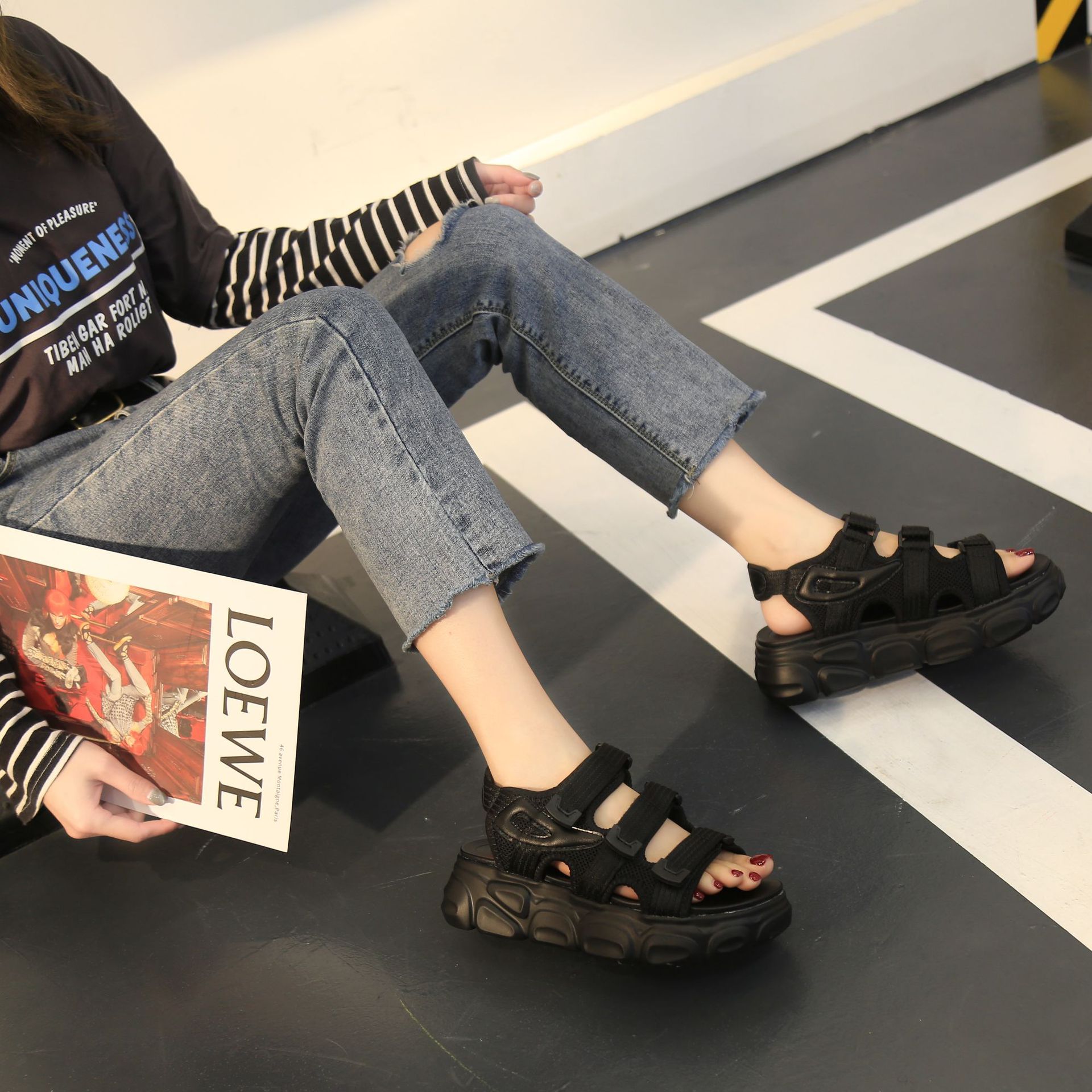 跨镜凉鞋女2025夏季新款韩版学生耐地磨轻便厚底魔术贴松糕鞋批详情73