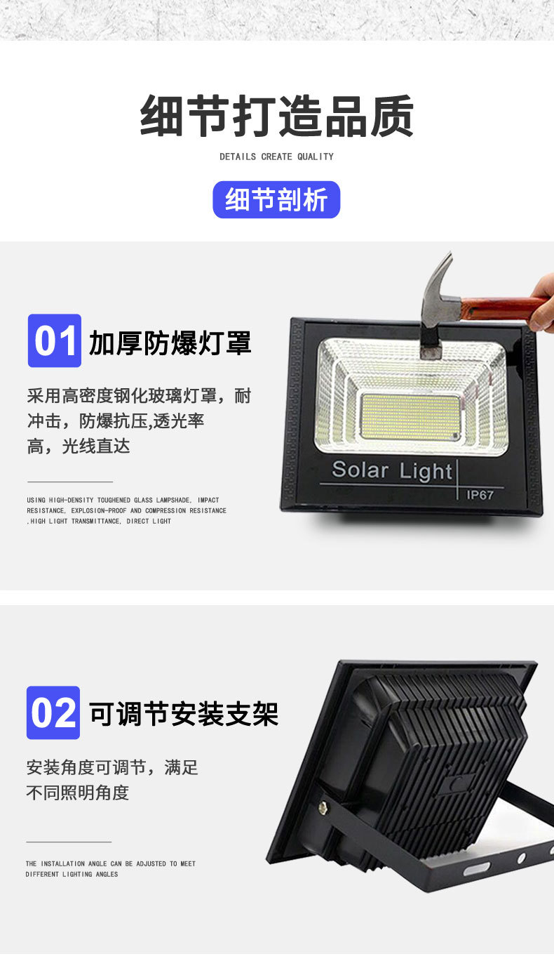 Black solar floodlights for outdoor lighting, with deep blue solar panels and black cables pic 14