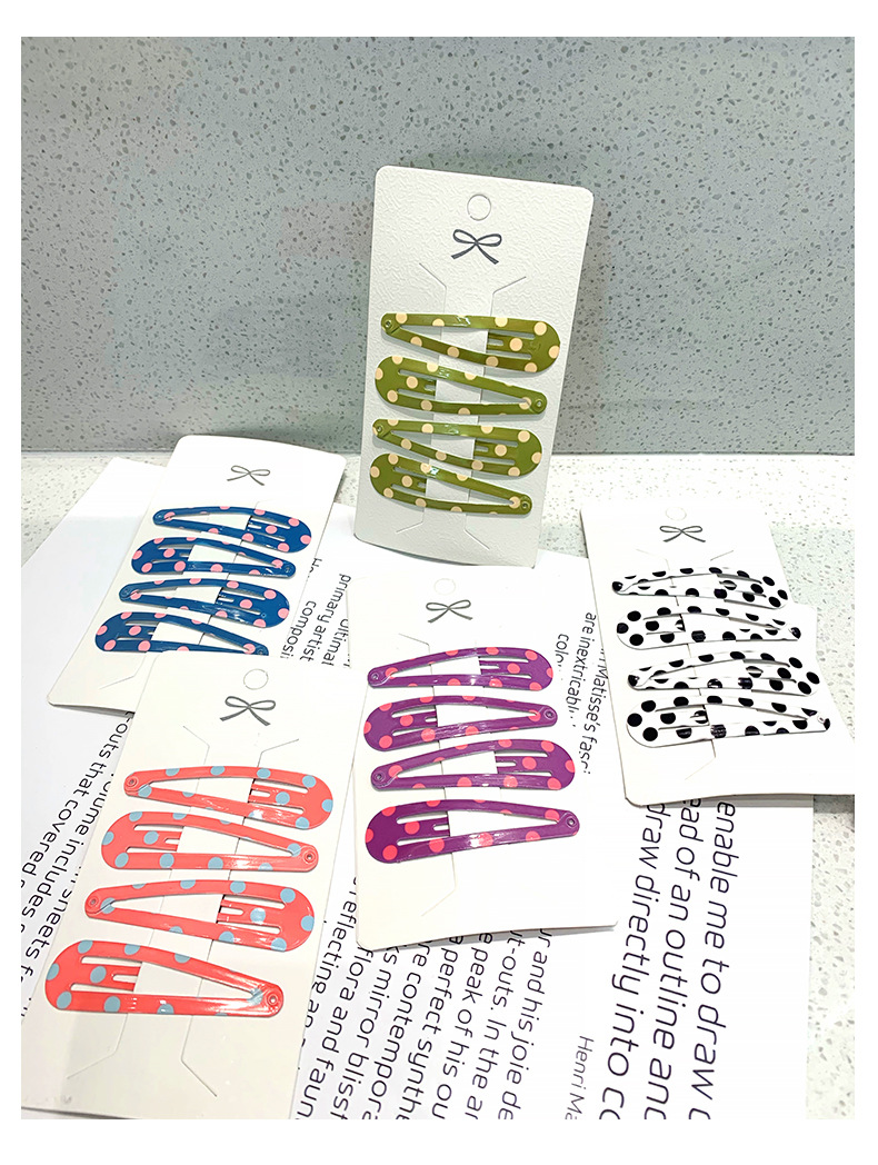 6cm high-quality baked paint printed water drop clip for girls, ins polka dot check leopard print bb clip, hair accessory edge clip pic 6