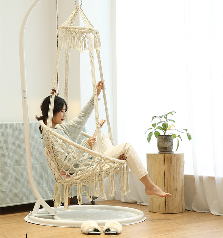 ins风户外吊床休闲网状吊篮椅子棉绳编织秋千流苏吊椅批发露营用品详情5