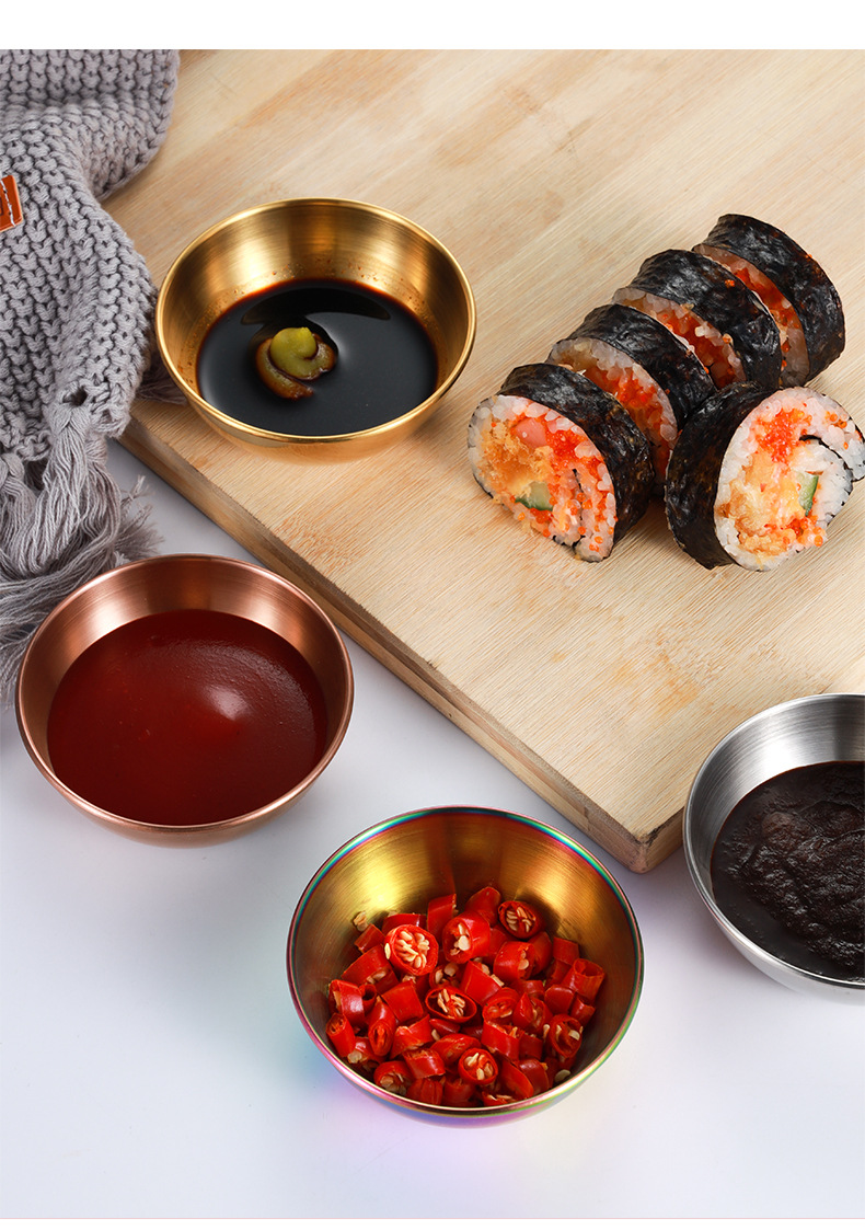 Stainless steel round small plates, golden sauce and seasoning plates, home, restaurant, kitchen soy sauce plates, Japanese dipping sauce plates pic 13